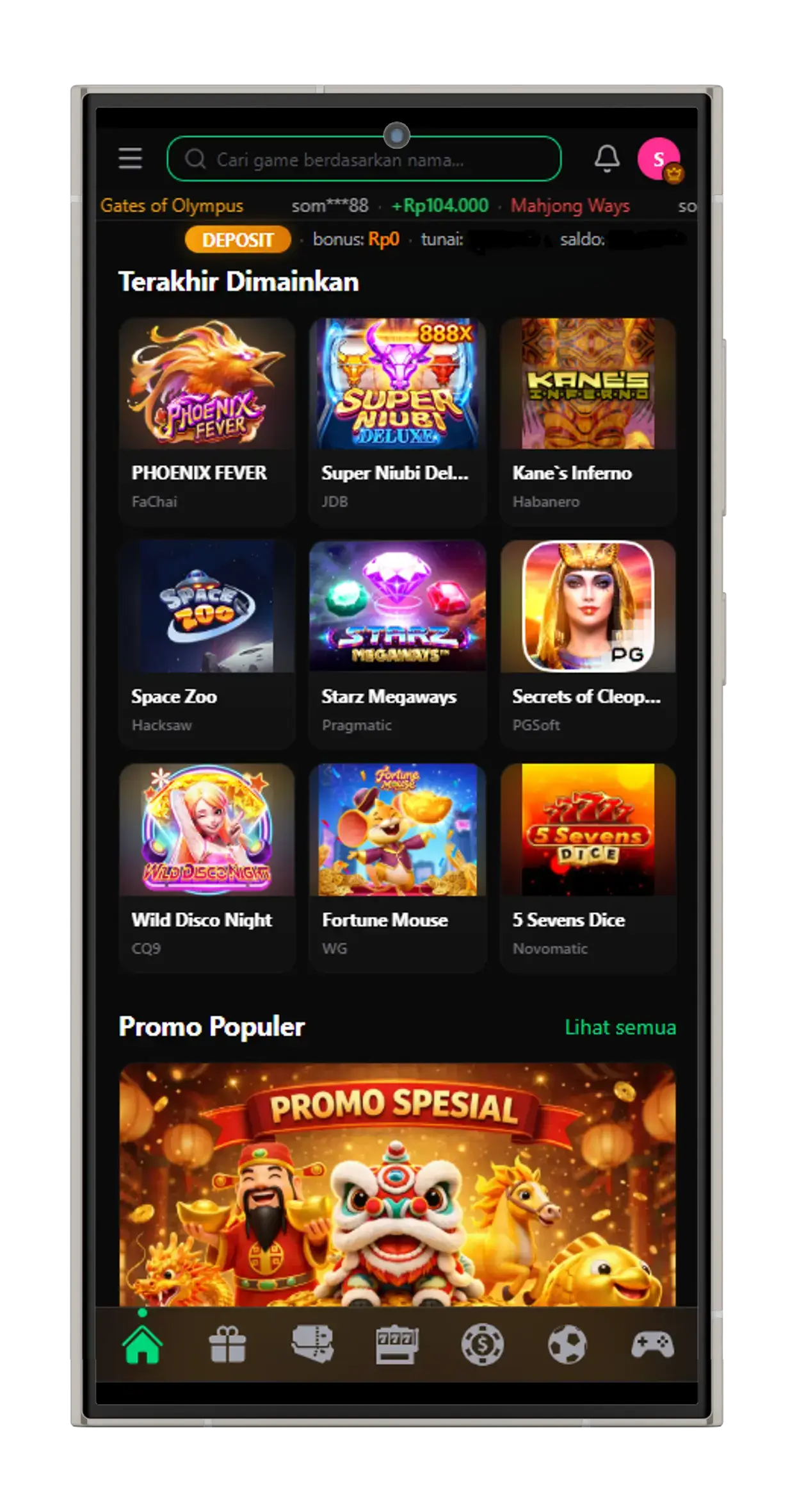 Tampilan aplikasi Spincity77 di perangkat mobile